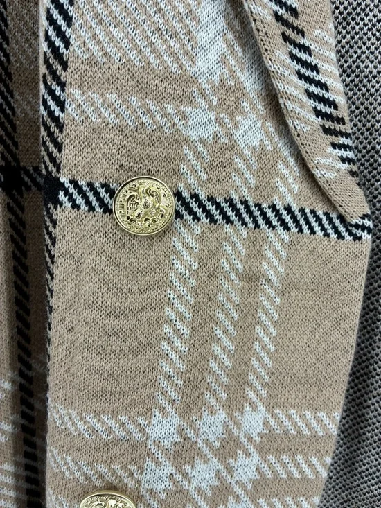 Anne Klein Tan Plaid Double-Breasted Pea Coat Cardigan Shacket - Picture 3 of 9